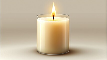  A white background reflects a lit candle's image from above and below the flame