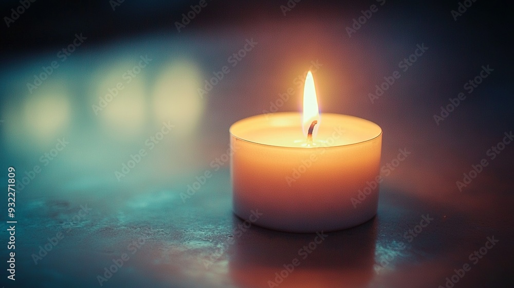 Poster a focused candle sitting on a clear table, surrounded by a sharp image of the candle in the backgrou