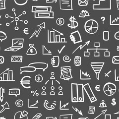 Vector seamless pattern with financial, economy doodles. Hand drawn design for wallpaper, wrapping, stationery, textile.