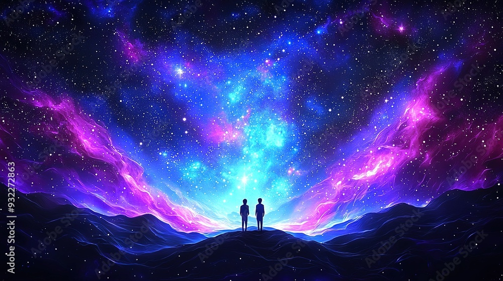 Wall mural two individuals stand atop a hill, surrounded by a star-filled sky above them