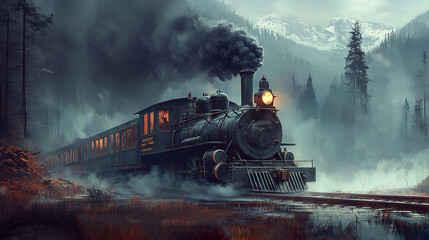 Fototapeta premium A painting depicts a train on a track surrounded by billowing smoke and a majestic mountain in the distance