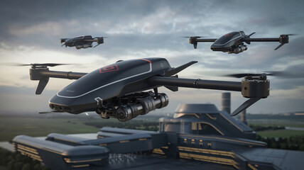 Advanced Drone Squadron Over Futuristic Facility
