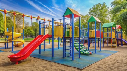 Playground with colorful swings, slides, and climbing structures, playground, fun, children, outdoor, equipment, play, recreation