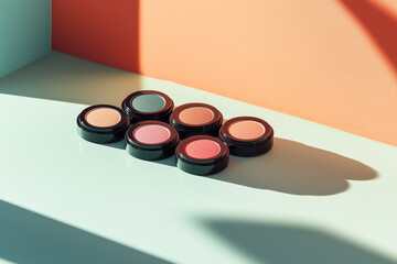 Assorted Makeup Blushes and Eyeshadows on Colorful Background with Dramatic Shadows, Beauty Product Display