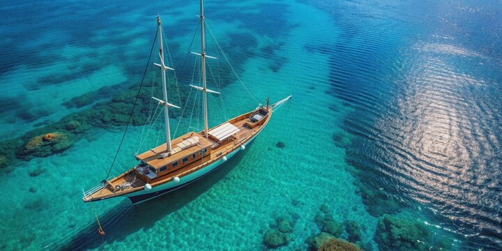Aerial view of a beautiful sailing gulet cruising on turquoise waters, sailing, gulet, wooden yacht, classic, Bodrum, Marmaris