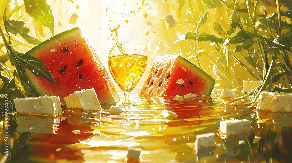Poster watermelon slices and marshmallow cubes float in a serene pool of water