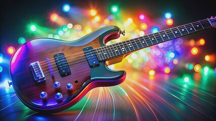 Obraz premium Electric guitar with colorful lights shining on it, music, instrument, electric, guitar, lights, colorful, shiny, strings