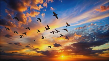 Obraz premium Silhouettes of birds flying against a colorful sunset sky , birds, flock, flying, silhouette, colorful, sunset, sky