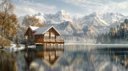Fototapeta premium Serene wooden house on stilts reflecting in lake with snowy mountains and pine trees