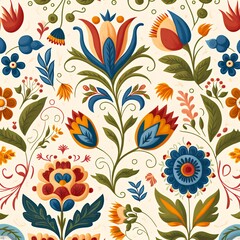 A colorful floral pattern featuring various stylized flowers and leaves on a light background.