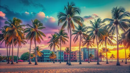 Obraz premium Vibrant 1980s vintage Miami Florida beach scene with pastel colors and palm trees, retro, nostalgia, Miami Vice, neon
