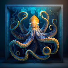 Obraz premium Octopus Emblem - octopus, ocean, underwater, sea, marine, aquatic, tentacles, aquatic life, octopus art, marine life, ocean depth, underwater creature, blue water