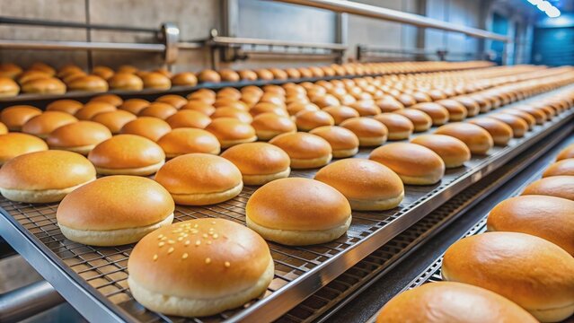 Industrial production of round hamburger buns in a bakery setting, hamburger buns, factory, production line