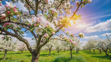 Naklejka premium Apple tree in full bloom on a bright spring day, apple tree, blossom, spring, sunny, day, nature, flowers, white, petals