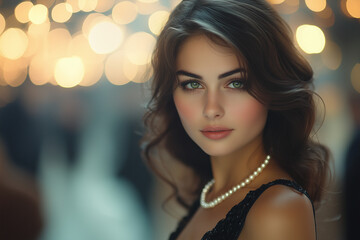 Portrait of a young woman with a pearl necklace - Generative AI