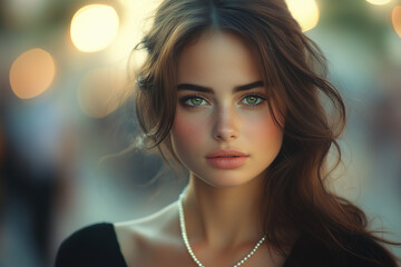 Portrait of a young woman with a pearl necklace - Generative AI