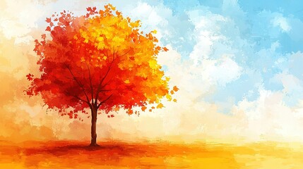   A painting of a tree with red and yellow leaves on its branches, set against a backdrop of brilliant blue sky