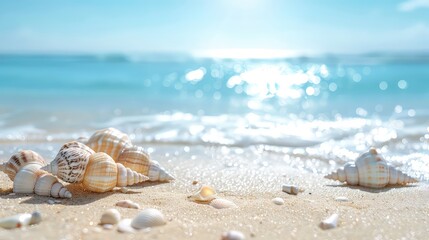 Seashells on the beach with a sparkling ocean in the background.