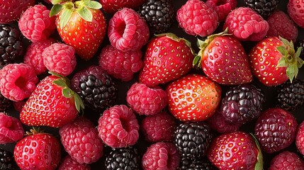 Fototapeta premium A stack of red and black berries, with raspberries atop