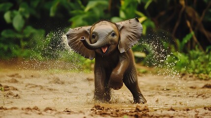 Obraz premium Playful Baby Elephant Enjoying a Fun Moment in the Wild