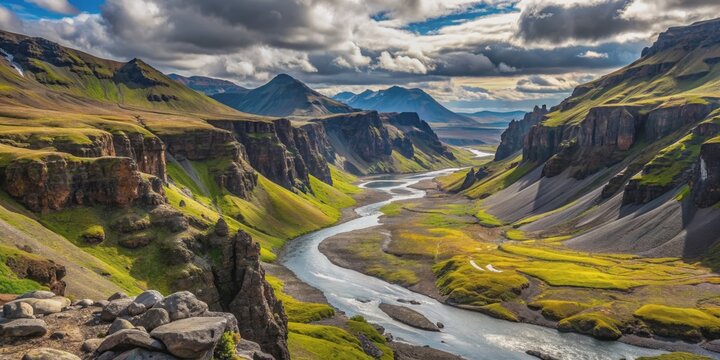 Spectacular landscape view of Thakgil mountains, canyon and river in Iceland , Iceland, Thakgil, landscape, mountains