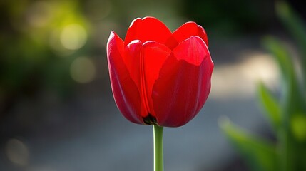 Naklejka premium A single red tulip stands out against a green leafy backdrop and a blurry roadscape in the background