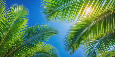 Fototapeta premium Close-up of palm tree branches against blue sky, tropical, palm leaves, nature, background, exotic, foliage, green