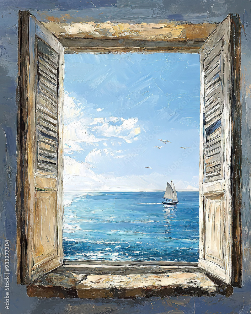 Poster an image of an open window overlooking a sailboat on the blue ocean, surrounded by fluffy white clou