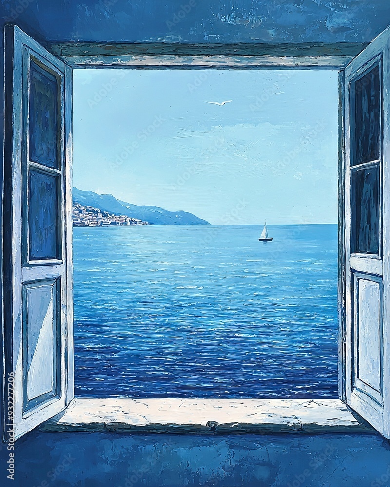 Poster an open window with a stunning ocean view and distant sailboat on a sunny day