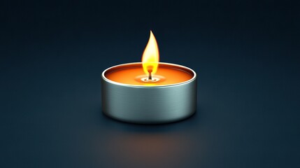   A lit candle sits atop a black surface, reflecting in a metal container above