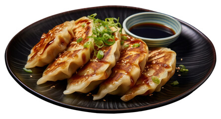 PNG Dumpling plate food sauce.