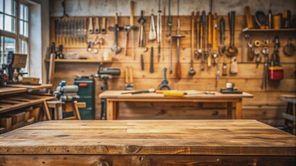 Empty wooden table with blurred background featuring carpenter's tools on the wall, carpenter, tools, wood, table