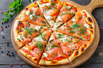 Gourmet Salmon Pizza with Fresh Herbs and Creamy Sauce Delicious Pizza Slice on Wooden Board....