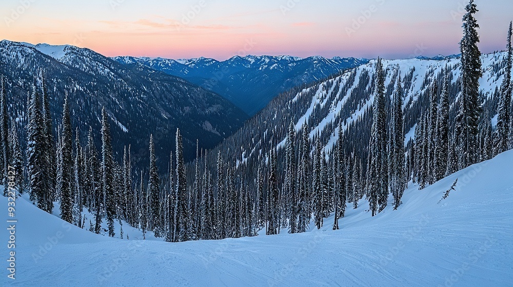 Sticker a stunning view of a snow-capped mountain with trees framing it against a captivating pink sky in th