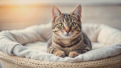 Naklejka premium A cute tabby cat laying on a cozy bed , pet, feline, relaxation, domestic, animal, cozy, comfortable, bedroom, resting, nap, sleepy