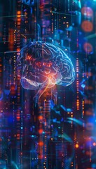 Fototapeta premium Neon digital brain with ai advancements in glowing data points and holographic code