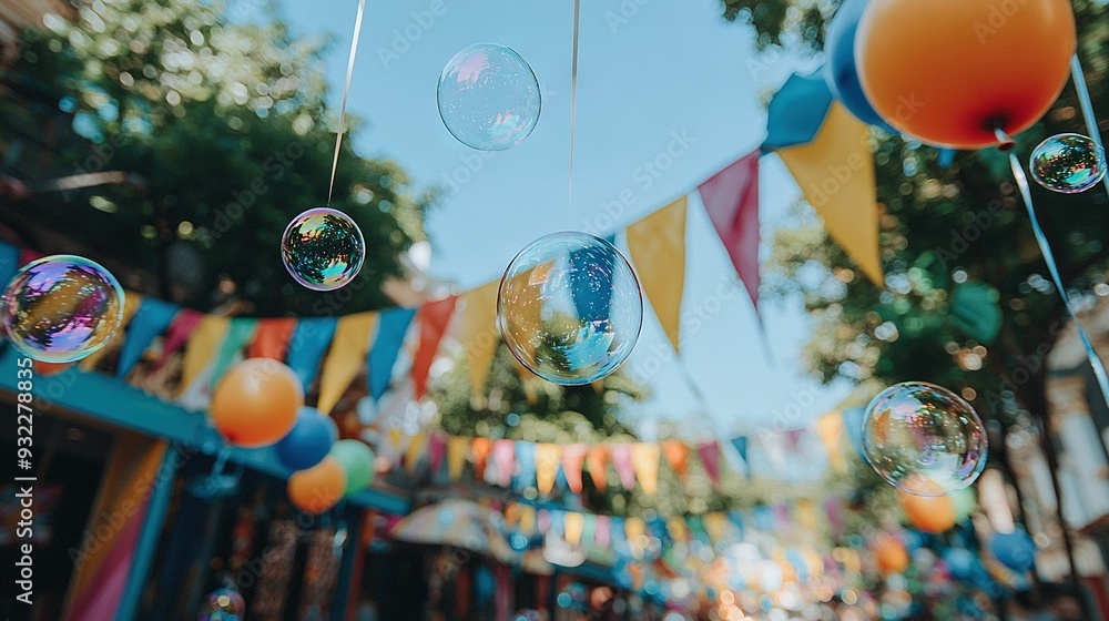 Poster soap bubbles dangling from a string on a busy street, amidst vibrant bunting and flag decorations