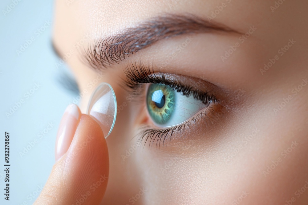 Wall mural Close-up of a Woman Putting a Contact Lens in Her Eye: A Moment of Precision and Care