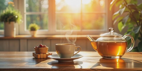 Fototapeta premium Teapot and cup on a cozy kitchen table, tea, drink, hot, beverage, ceramic, utensil, traditional, vintage, kitchen, tabletop, cozy