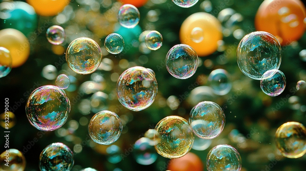 Poster a cluster of foam balls levitating in front of a tree background
