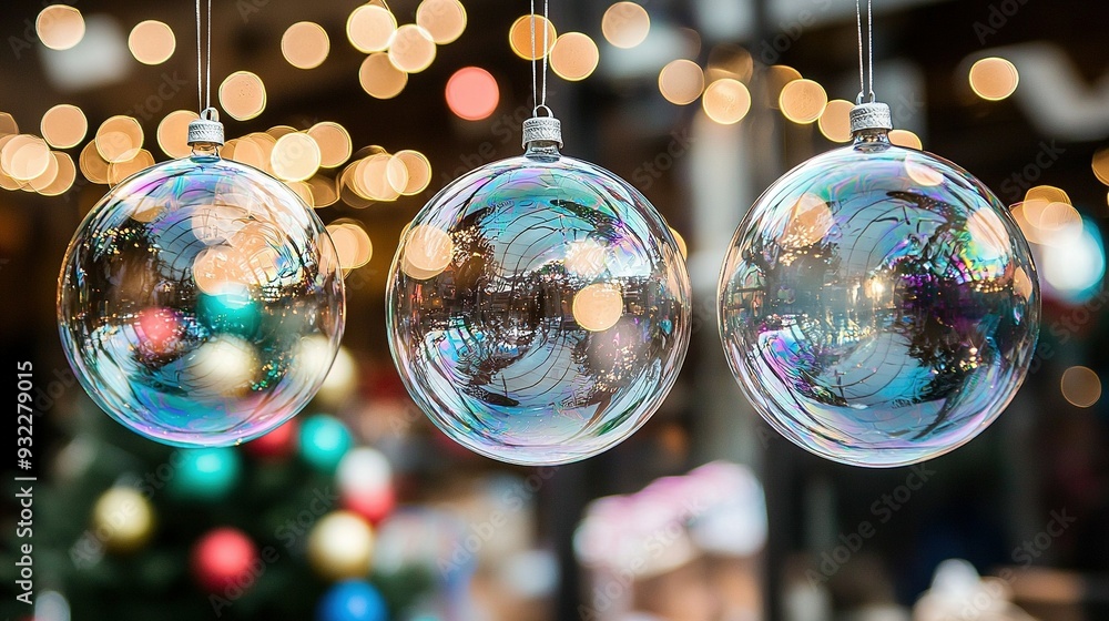 Poster three ornaments hanging on a string in front of a christmas tree with bokeh lights in the background
