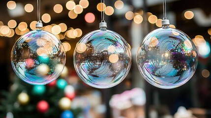   Three ornaments hanging on a string in front of a Christmas tree with Bokeh lights in the background