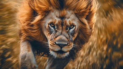 Majestic male lion mid-leap with rippling muscles and flowing mane