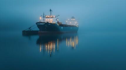 Obraz premium Misty evening at the harbor with a large cargo ship