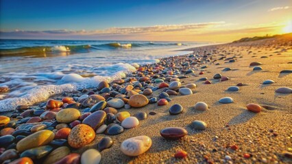 Pebbles scattered along a tranquil beach , Nature, Shoreline, Relaxation, Zen, Rocks, Stones, Coast, Seashore, Serenity