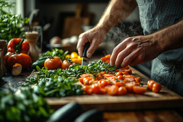Family preparing healthy meals together in a modern kitchen. Focus on fresh ingredients, teamwork, and vibrant colors, showcasing the importance of healthy living.