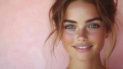 Obraz premium radiant young woman with flawless skin and natural makeup soft smile illuminating her face posed against a soft pink background exuding freshness and vitality