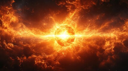 Fototapeta premium radiant sunburst piercing inky darkness golden rays emanating from central orb dramatic chiaroscuro effect cosmic ambiance