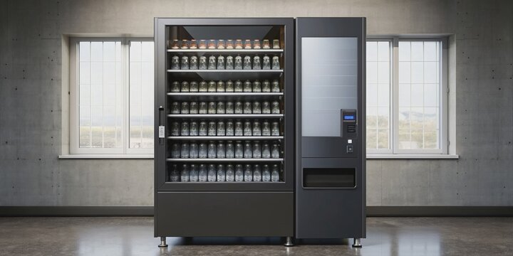 Close up of black empty vending machine with empty shelves and prices, vending machine, empty, shelves, prices