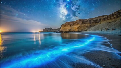 Fototapeta premium Mystical blue bioluminescence illuminating a night beach in Sapat, Balochistan , bioluminescence, blue, mystical, night, beach